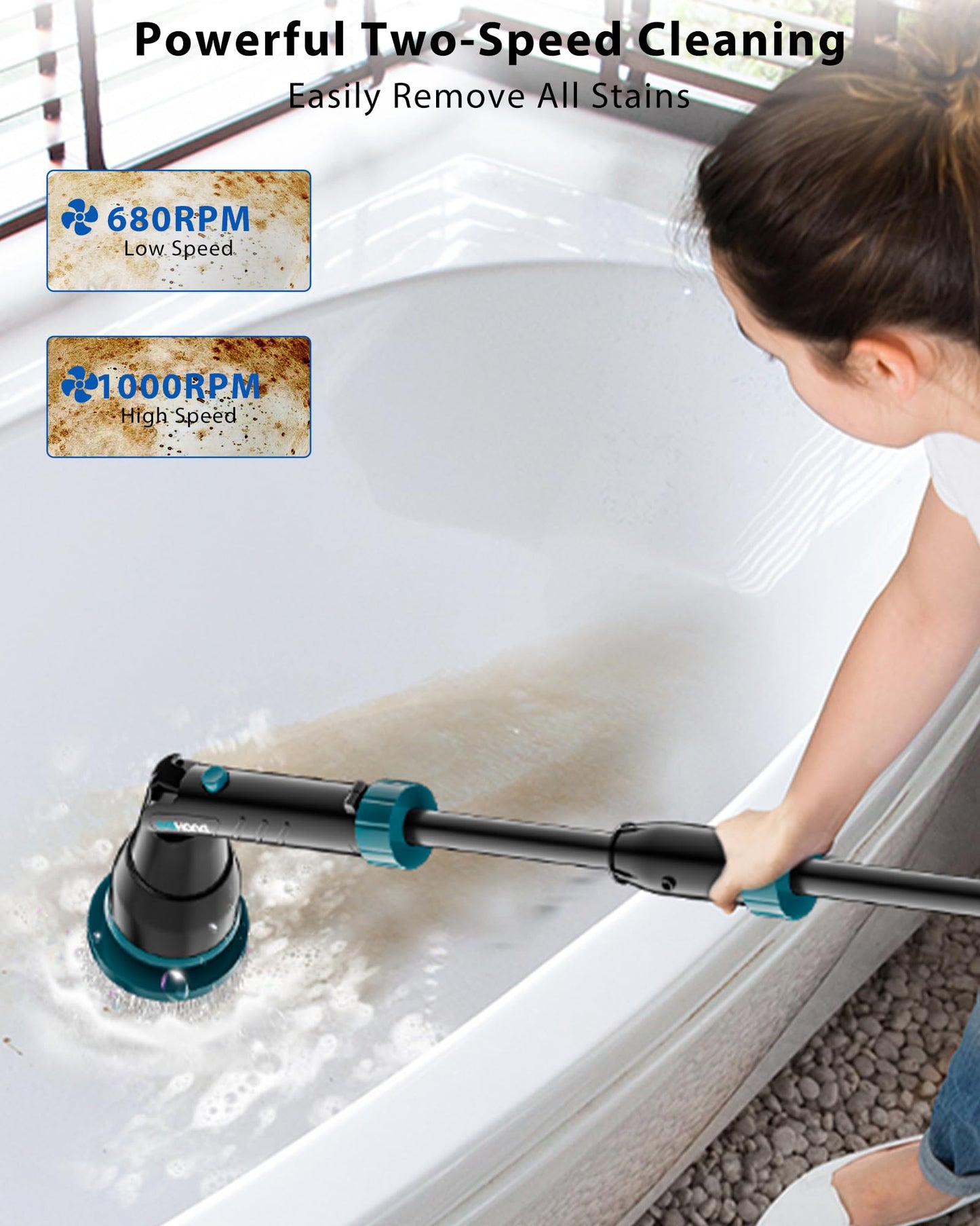 1000RPM Electric Spin Scrubber,Cordless Shower Scrubber,with 21V Detachable Battery & Charger, 4 Brush Heads,3 Adjustable Handles Cleaning Brush for Powerful Cleaning Bathroom Tiles Scrubbers