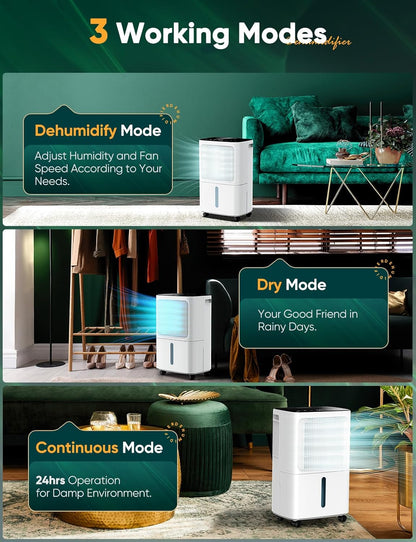 12L/Day Dehumidifiers for Home Damp, Dehumidifier with Humidity Display&Control, 2000 Sq.Ft Ultra Quiet for Home/Bedroom/Laundry Dry/Basement, Timer, Big Water Tank&Drainage Hose for Damp